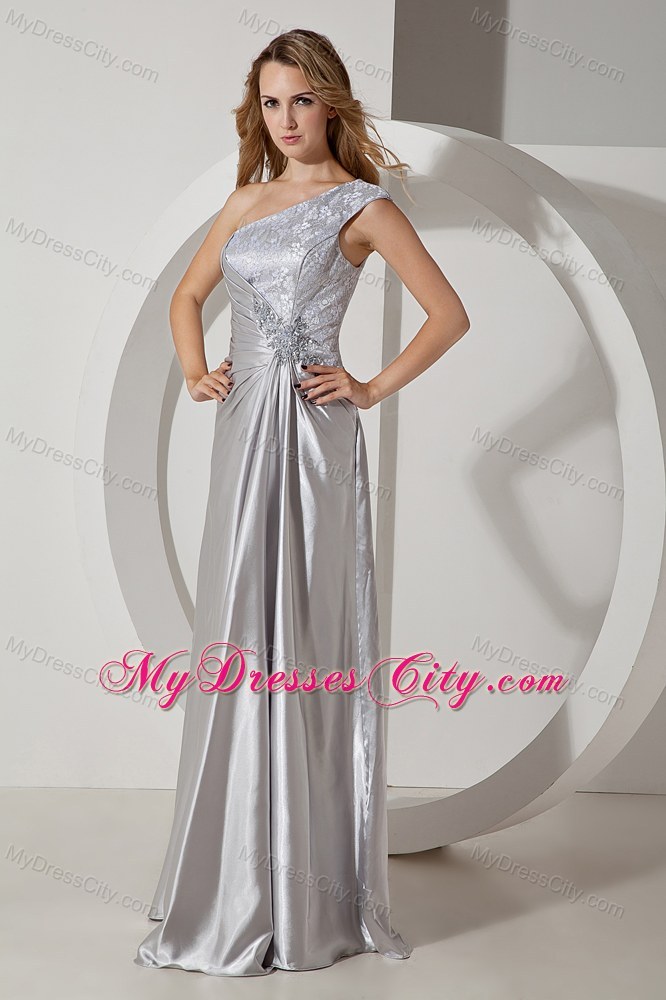 Silver Column Single Shoulder Beading Evening Dress with Ruching