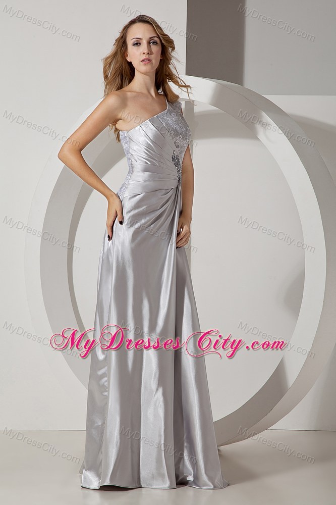 Silver Column Single Shoulder Beading Evening Dress with Ruching