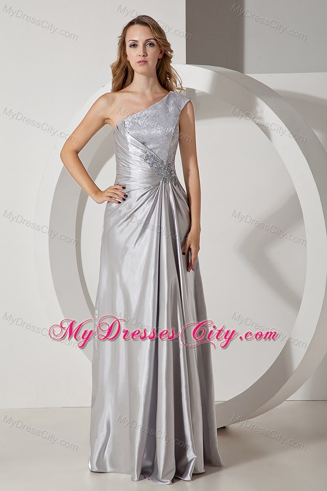 Silver Column Single Shoulder Beading Evening Dress with Ruching