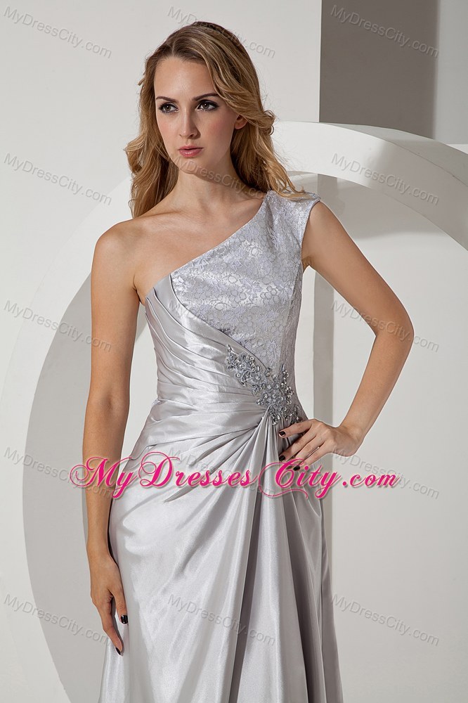 Silver Column Single Shoulder Beading Evening Dress with Ruching