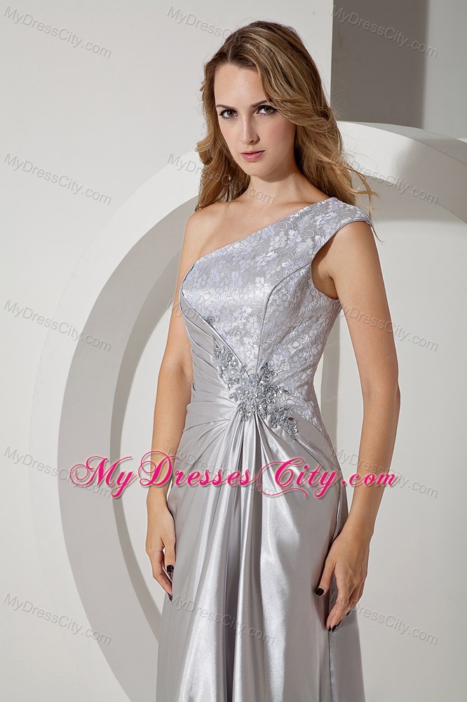 Silver Column Single Shoulder Beading Evening Dress with Ruching