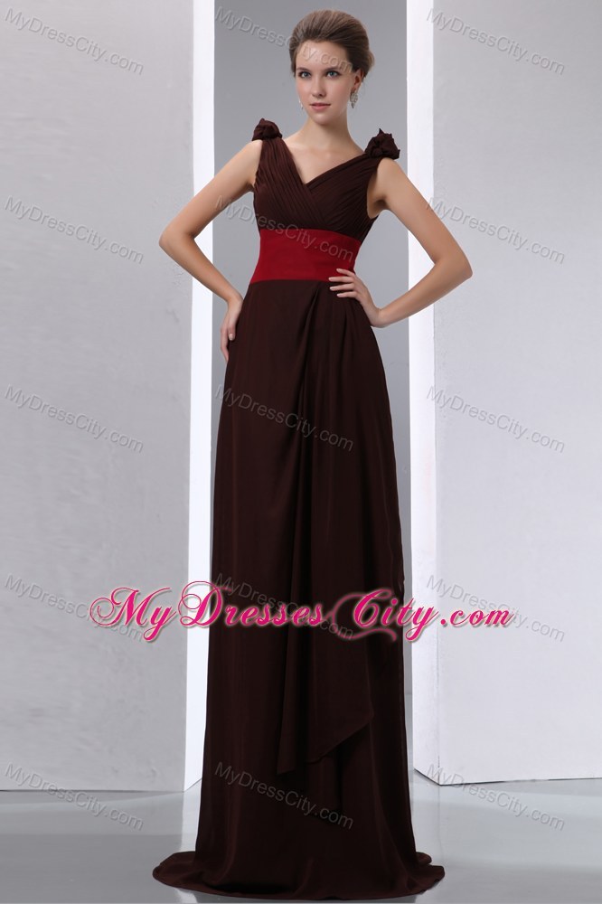 Brown Column V-neck Ruches Chiffon Evening Dress with V-Back