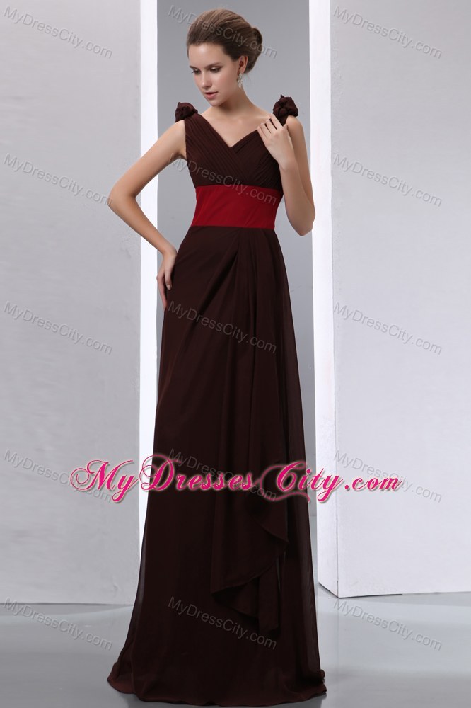 Brown Column V-neck Ruches Chiffon Evening Dress with V-Back