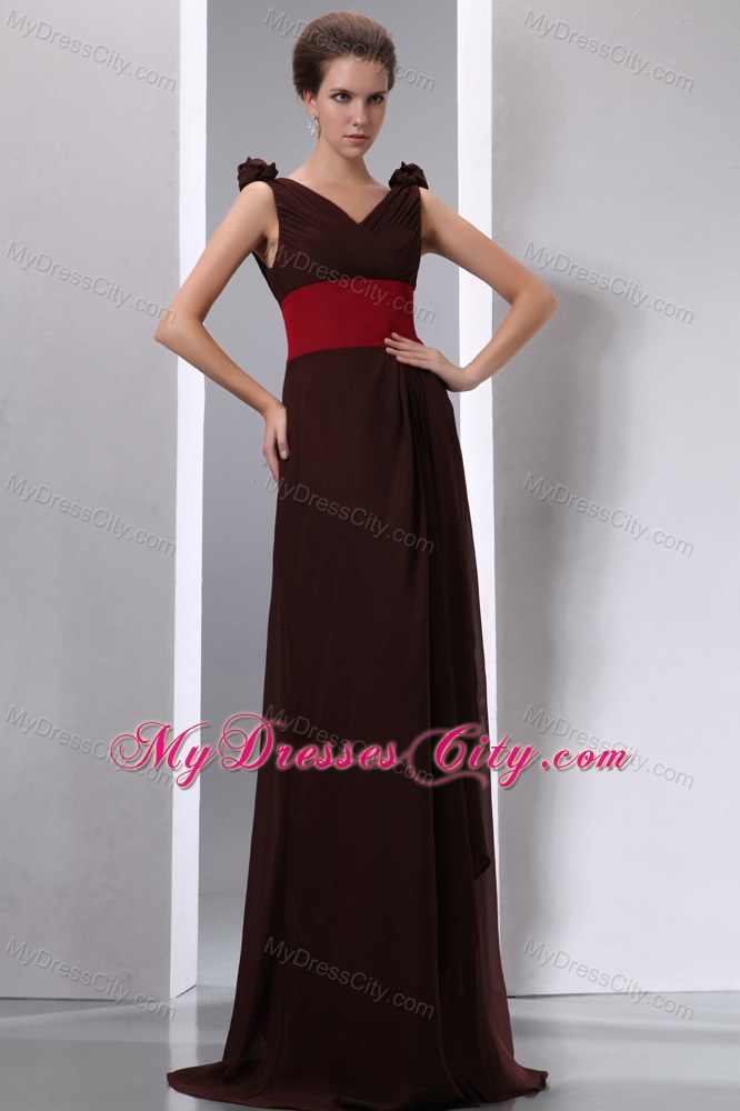 Brown Column V-neck Ruches Chiffon Evening Dress with V-Back