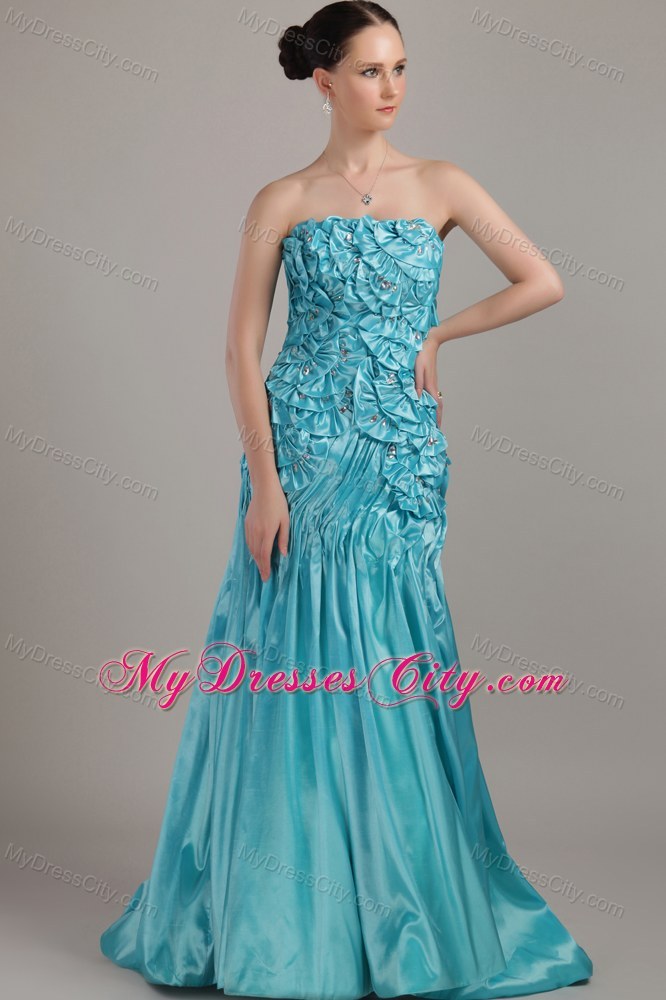 Strapless Beading Floral Embellishment Brush Train Teal Evening Dress