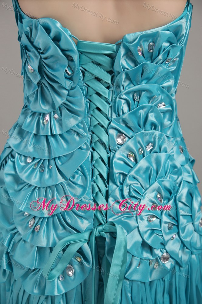 Strapless Beading Floral Embellishment Brush Train Teal Evening Dress