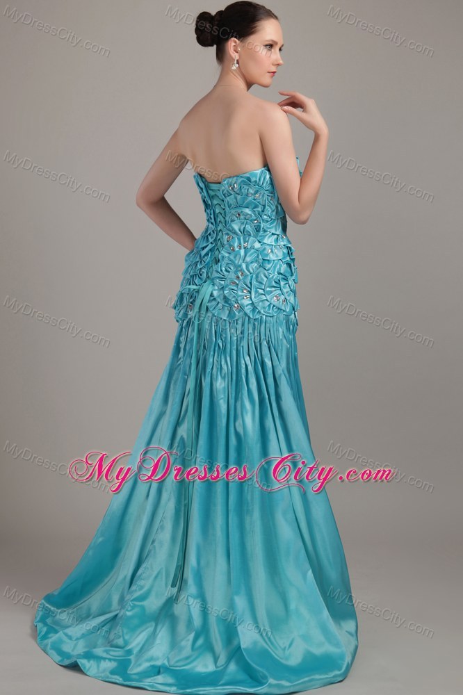 Strapless Beading Floral Embellishment Brush Train Teal Evening Dress