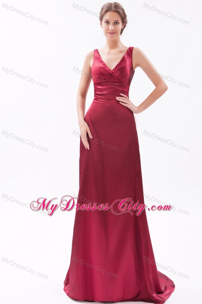 Red Empire V-neck Brush Train Ruched Evening Formal Gowns