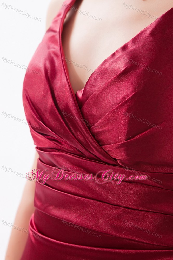 Red Empire V-neck Brush Train Ruched Evening Formal Gowns