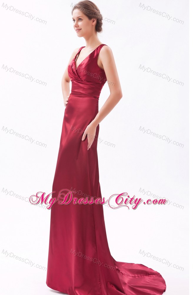 Red Empire V-neck Brush Train Ruched Evening Formal Gowns