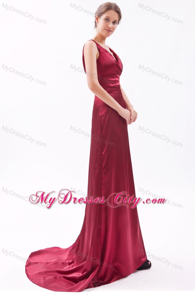 Red Empire V-neck Brush Train Ruched Evening Formal Gowns