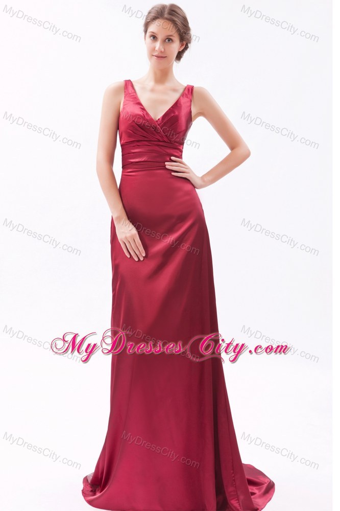 Red Empire V-neck Brush Train Ruched Evening Formal Gowns