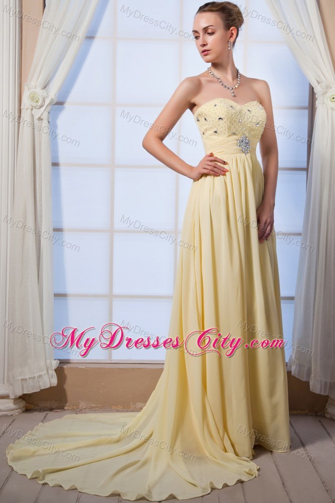 Beaded Empire Court Train Yellow Chiffon Homecoming Evening Dress