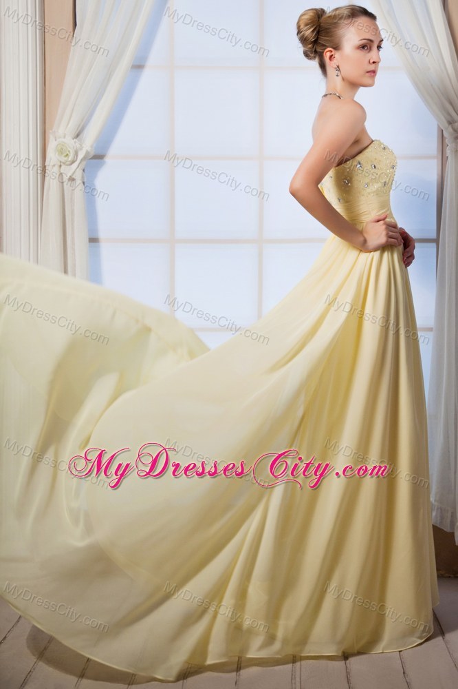 Beaded Empire Court Train Yellow Chiffon Homecoming Evening Dress