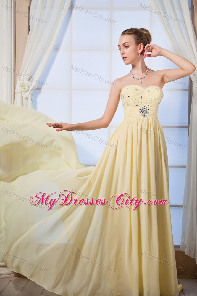 Beaded Empire Court Train Yellow Chiffon Homecoming Evening Dress