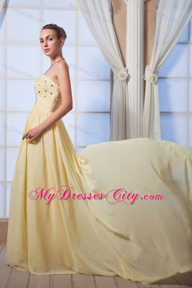 Beaded Empire Court Train Yellow Chiffon Homecoming Evening Dress