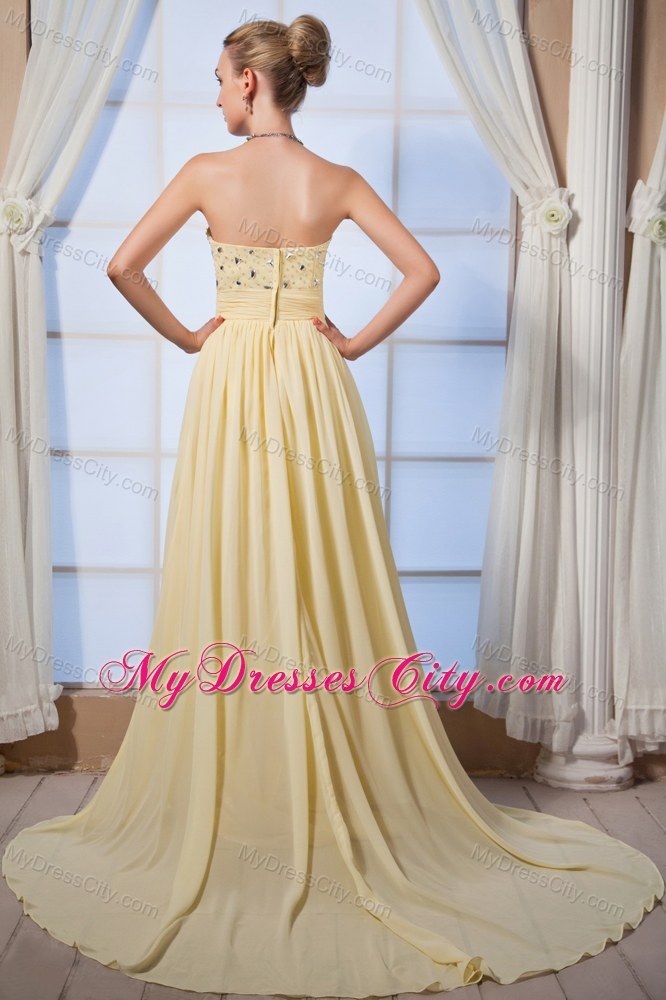 Beaded Empire Court Train Yellow Chiffon Homecoming Evening Dress