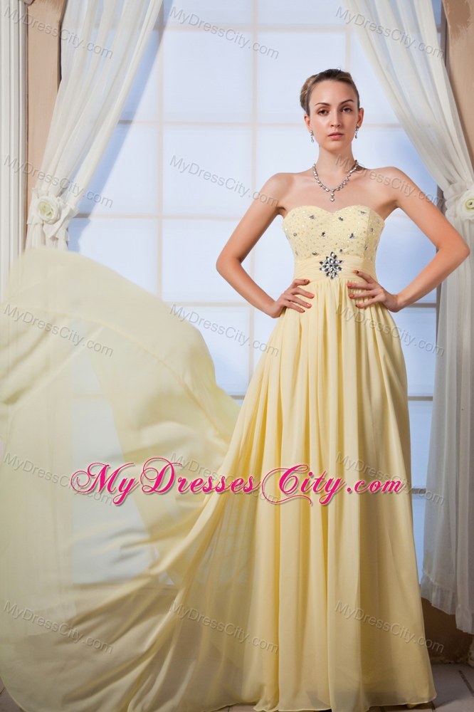 Beaded Empire Court Train Yellow Chiffon Homecoming Evening Dress