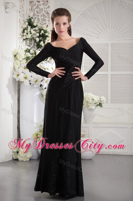 Black Ruching Sequins V-neck Long Sleeves Evening Dresses