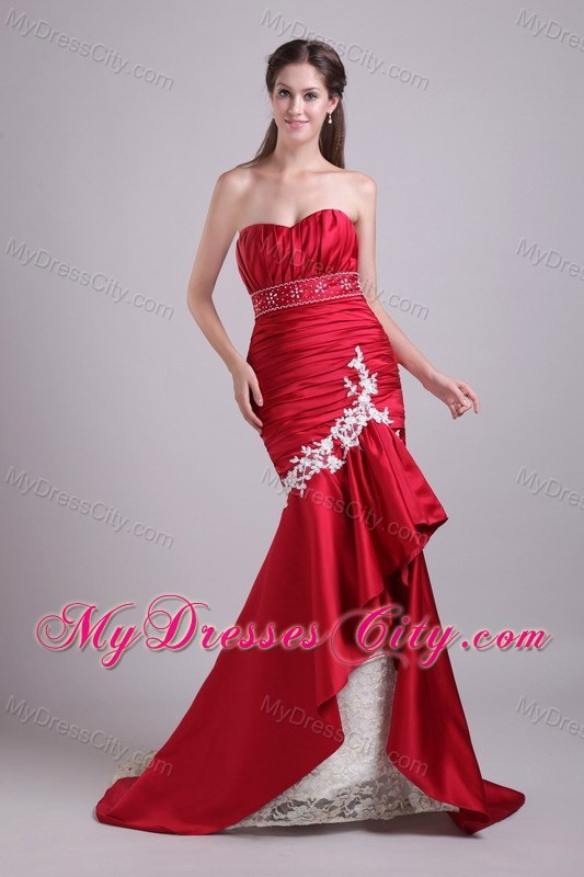 Appliques Ruched Brush Train Mermaid High-low Red Evening Dresses