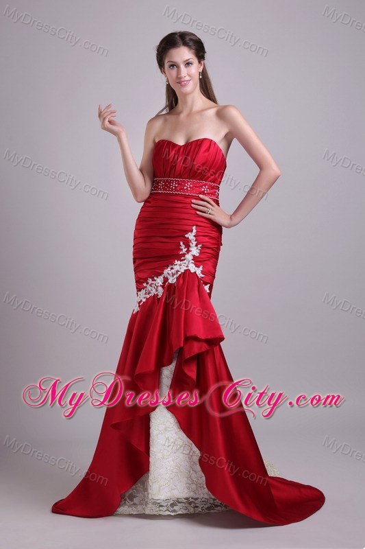 Appliques Ruched Brush Train Mermaid High-low Red Evening Dresses