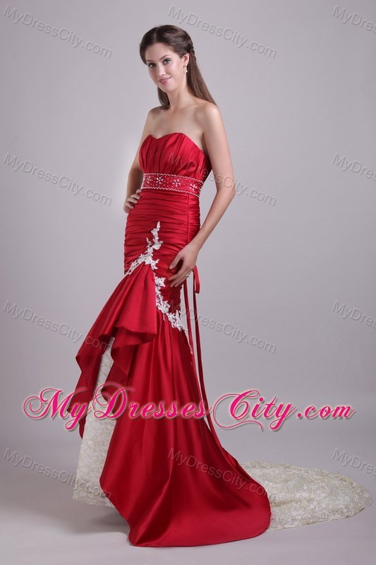 Appliques Ruched Brush Train Mermaid High-low Red Evening Dresses