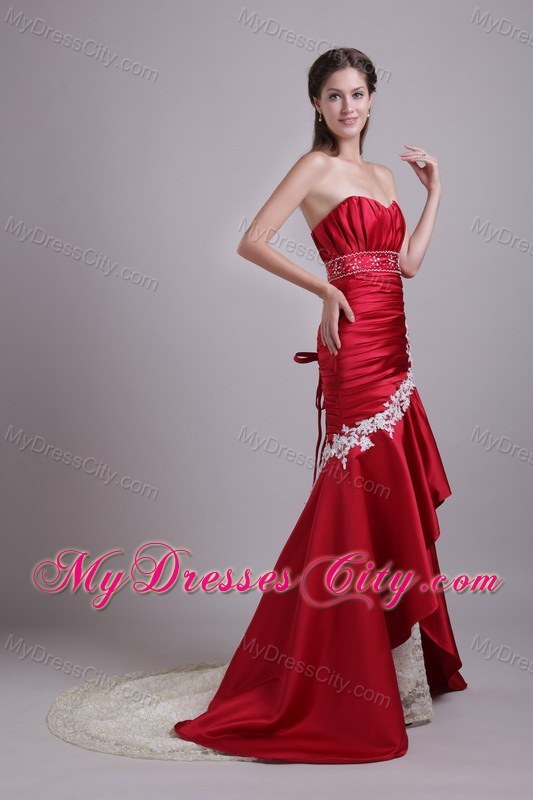 Appliques Ruched Brush Train Mermaid High-low Red Evening Dresses