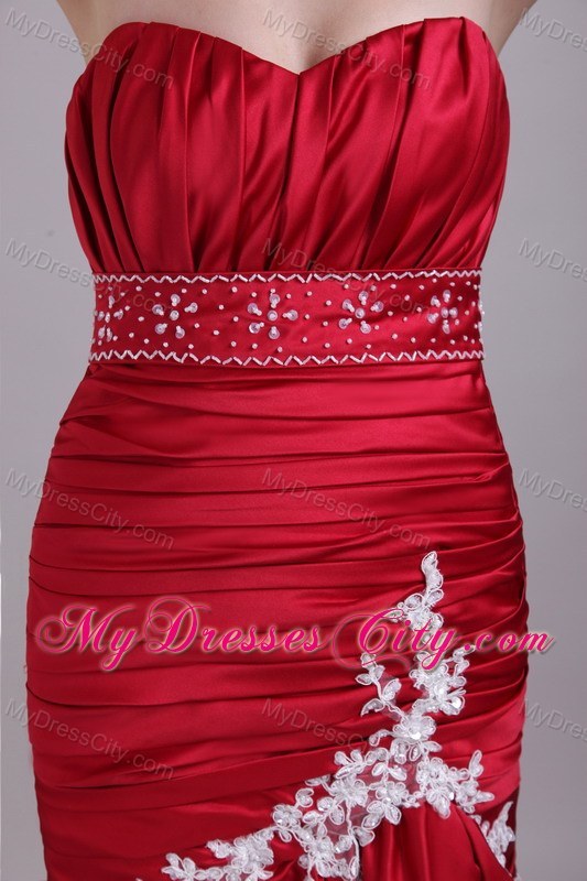 Appliques Ruched Brush Train Mermaid High-low Red Evening Dresses