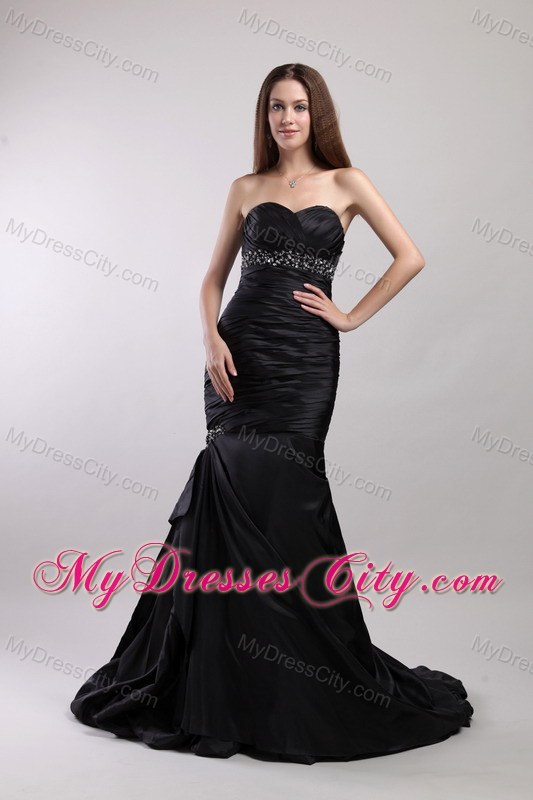 Beaded Mermaid Sweetheart Court Train Black Evening Dress