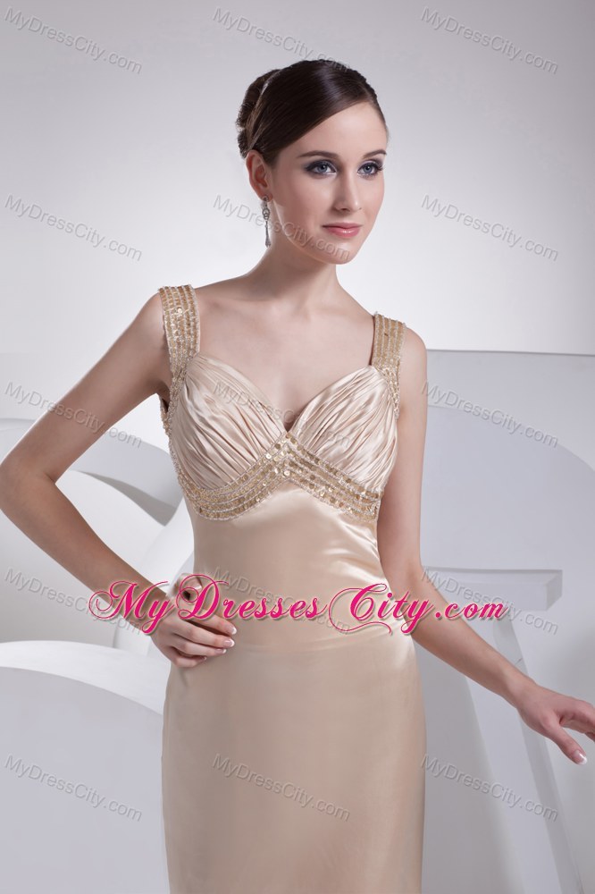 Elegant Straps Beaded Brush Train Champagne Evening Dress