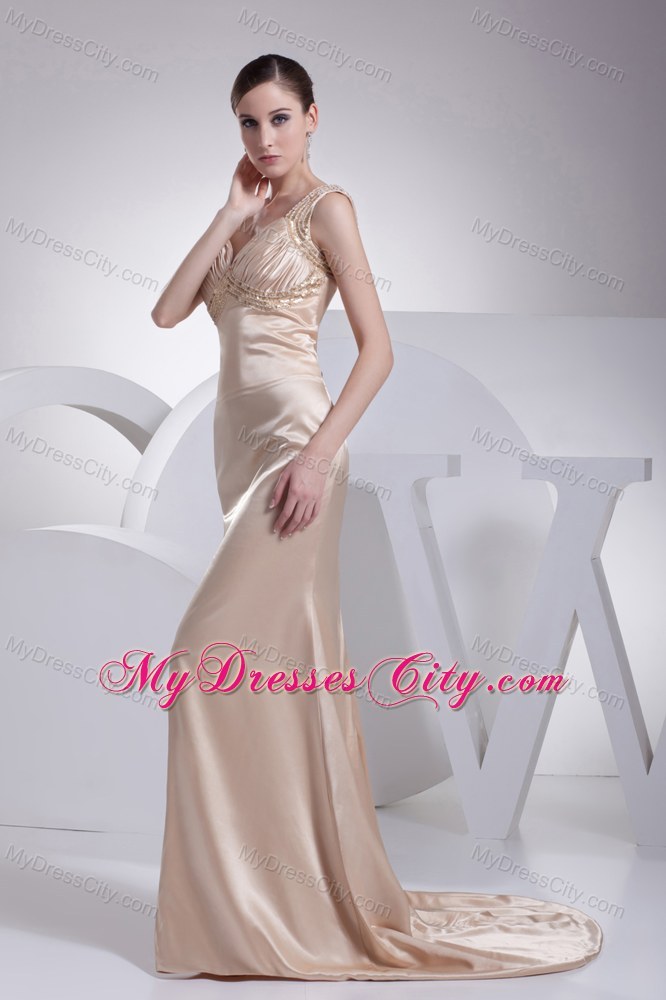 Elegant Straps Beaded Brush Train Champagne Evening Dress