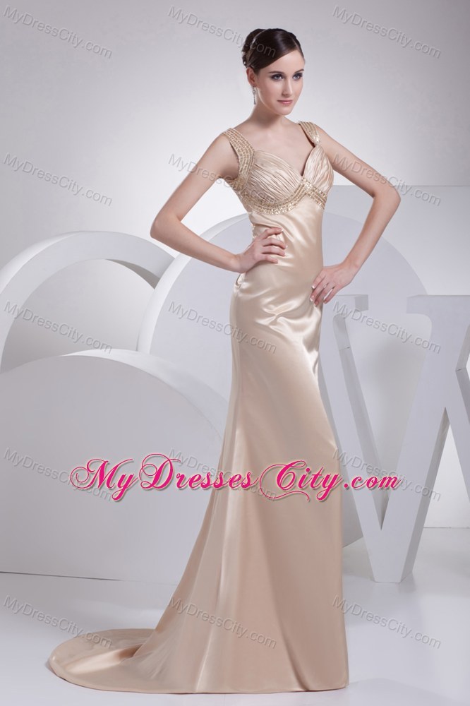 Elegant Straps Beaded Brush Train Champagne Evening Dress