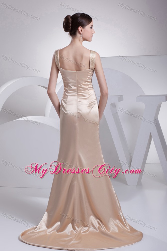 Elegant Straps Beaded Brush Train Champagne Evening Dress