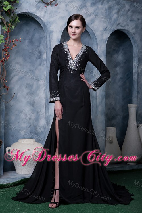 Beaded V-neck Black Evening Party Dress with Long Sleeves