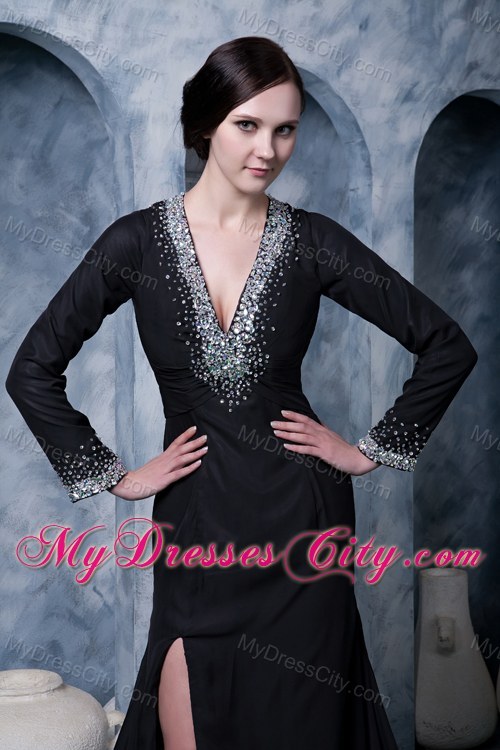 Beaded V-neck Black Evening Party Dress with Long Sleeves