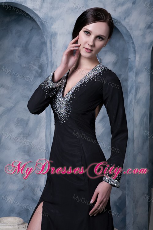 Beaded V-neck Black Evening Party Dress with Long Sleeves