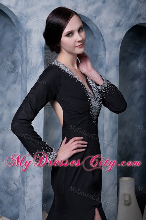 Beaded V-neck Black Evening Party Dress with Long Sleeves