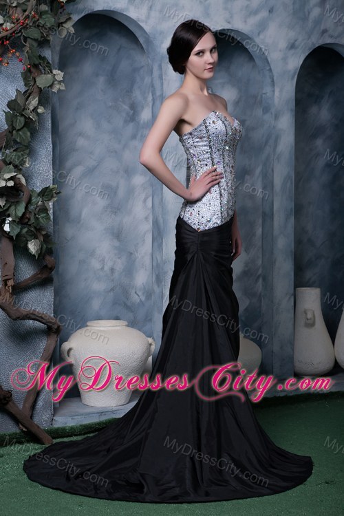 Beaded Sliver and Black Sheath Sweetheart Evening Dress