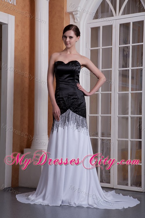 White and Black Sweetheart Long Evening Dress with Sequins