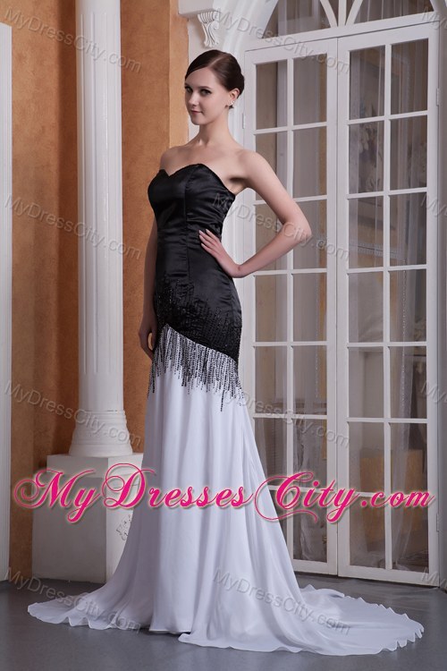 White and Black Sweetheart Long Evening Dress with Sequins