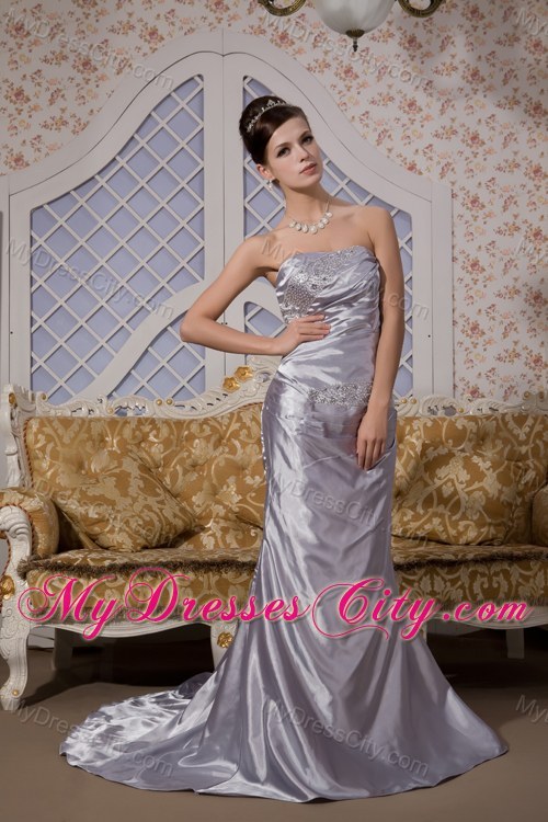 Sliver Strapless Appliques Evening Dress with Brush Train