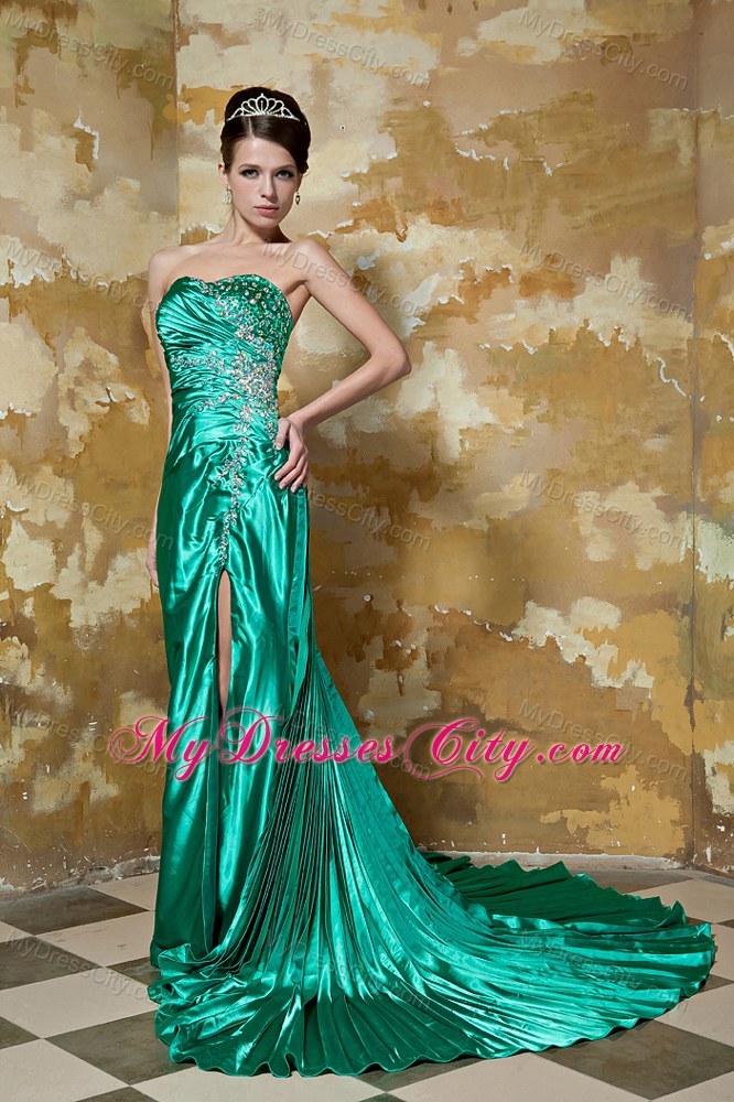 Green High Slit Sweetheart Beading and Ruching Evening Dress