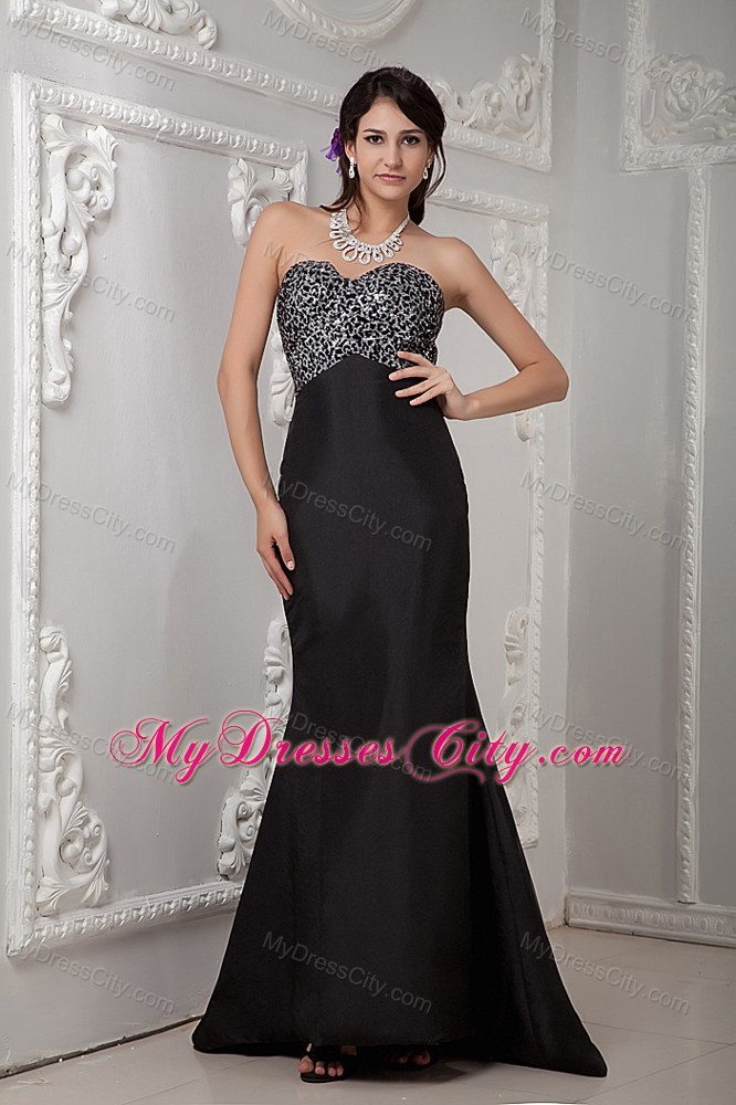 Beading Black Brush Train Evening Dress with Leopard Bust