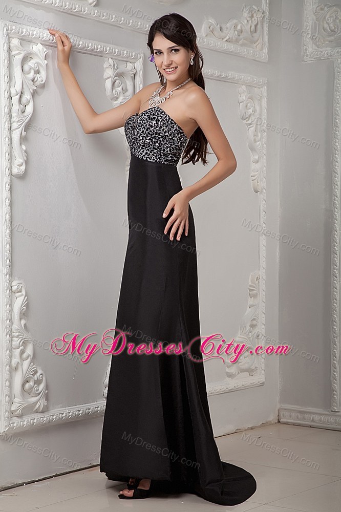 Beading Black Brush Train Evening Dress with Leopard Bust