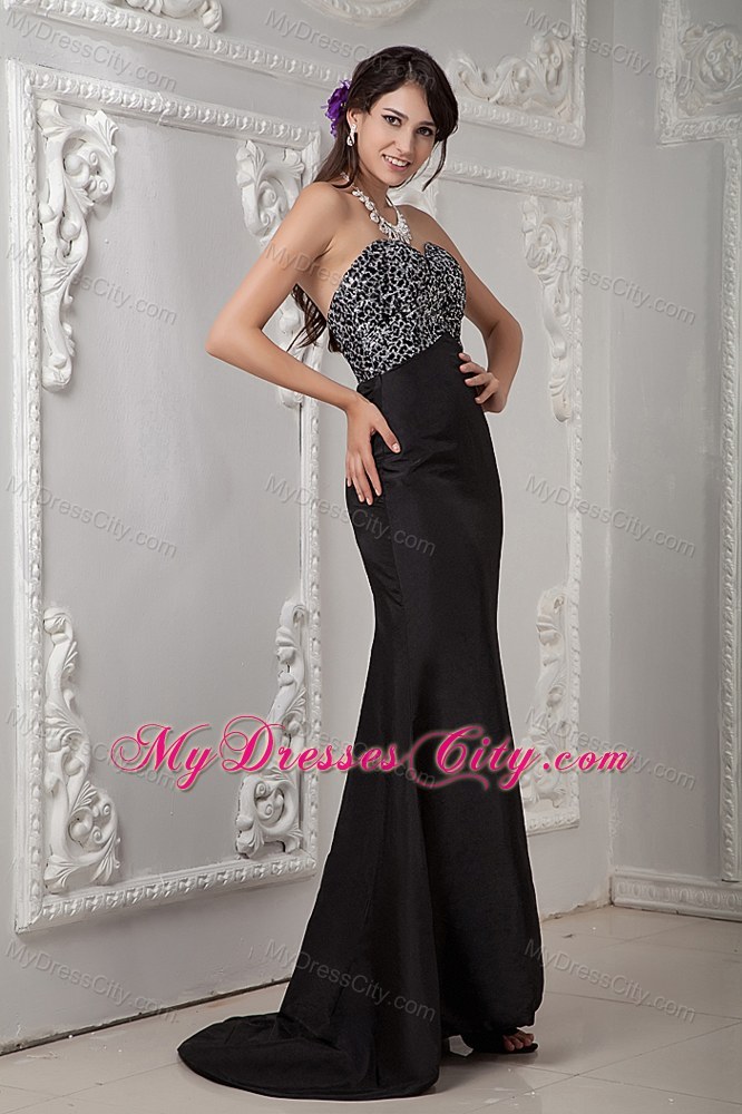 Beading Black Brush Train Evening Dress with Leopard Bust