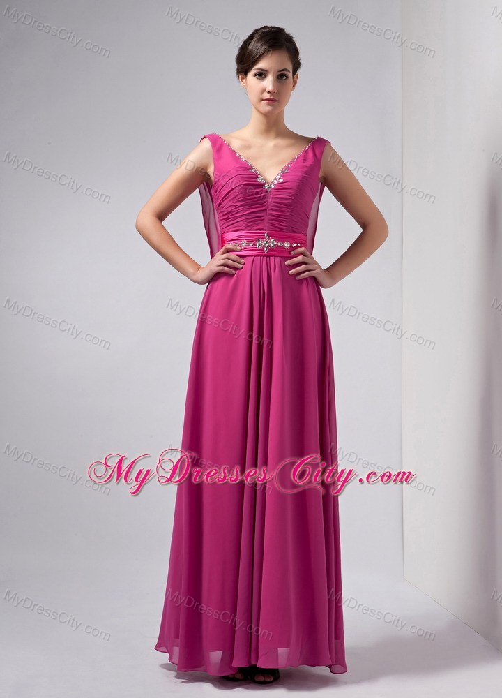 V-neck Beading Ankle-length Chiffon Mother Of The Bride Dress with Chic Back