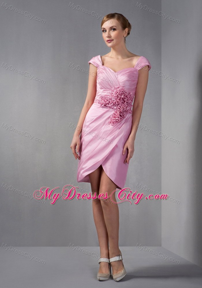 Cap Sleeves Ruched Handmade Flowers Knee-length Mother of Groom Dress