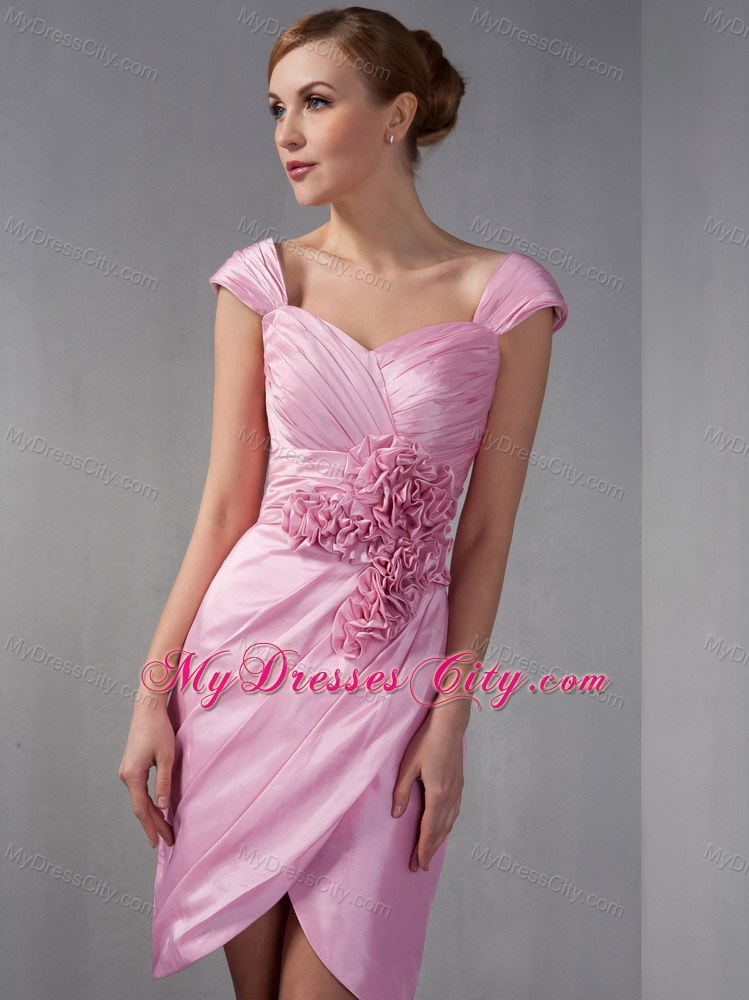 Cap Sleeves Ruched Handmade Flowers Knee-length Mother of Groom Dress