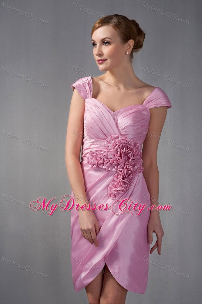 Cap Sleeves Ruched Handmade Flowers Knee-length Mother of Groom Dress