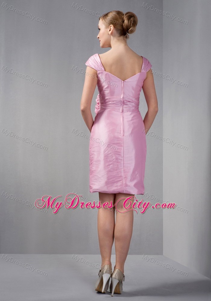 Cap Sleeves Ruched Handmade Flowers Knee-length Mother of Groom Dress